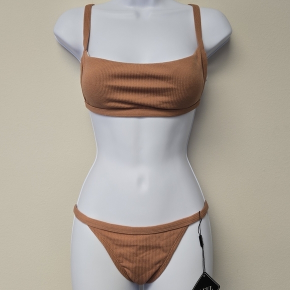 Zaful Bandeau 2 piece Ribbed Bikini Set Orange Salmon L - Picture 9 of 9
